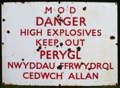 MOD (Ministry of defence) enamel Danger sign with Welsh and English writing. Approx. 51 x 71 Used