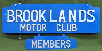 Good quality painted metal Brooklands Motor Club Members hanging sign, possibly home made. Approx.