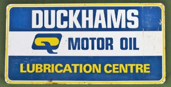 Duckhams motor oil lubrication enamel advertising sign. Approx. 50 x 100cm Used condition, wear to