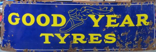 Large Good Years Tyres vintage enamelled advertising sign. Approx. 77cms x 245cms Used condition,