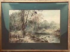 A M ARTHUR, WATERCOLOUR- GATHERING BESIDE THE RIVER, APPROXIMATELY 34 x 52cm