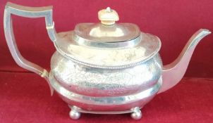 HALLMARKED SILVER TEAPOT WITH ENGRAVED DECORATION. APPROX. 16CM H X 28CM W X 9CM D. WEIGHT APPROX.
