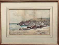 FRAMED WATERCOLOUR "BEACHED FISHING BOATS". APPROX. 25 X 40CM SLIGHT FADING MARKS