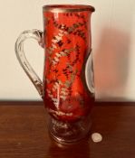 CRANBERRY GLASS, GILDED DECORATED WATER JUG WITH HAND-FINISHED OVAL PORTRAIT PANEL, APPROXIMATELY