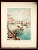 THOMAS MORTIMER, WATERCOLOUR DEPICTING BOATS IN A HARBOUR, APPROXIMATELY 25 x 25cm
