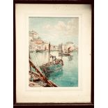 THOMAS MORTIMER, WATERCOLOUR DEPICTING BOATS IN A HARBOUR, APPROXIMATELY 25 x 25cm