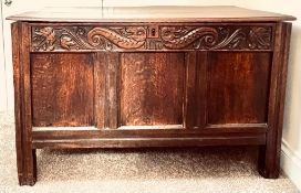 OAK 18th CENTURY THREE PANEL BLANKET CHEST UPON STILE SUPPORTS, CANDLE BOX INSIDE, APPROXIMATELY 126