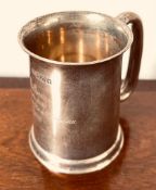 SILVER TANKARD, ENGRAVED, CHESTER ASSAY, APPROXIMATELY 8.5cm HIGH