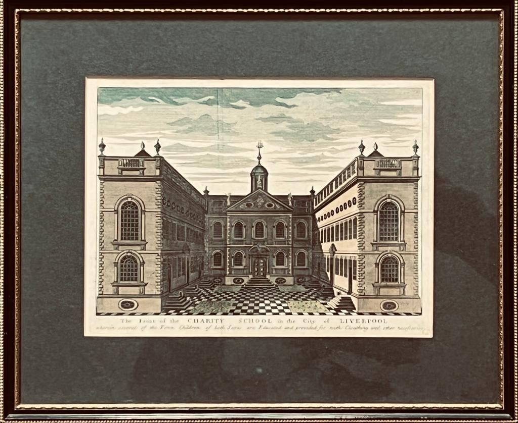 PRINT OF OLD BLUECOAT SCHOOL LIVERPOOL, FRAMED AND GLAZED, APPROXIMATELY 29 x 25cm