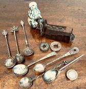 SMALL VASE, SEVEN SILVER AND OTHER SPOONS, SMALL FIGURE AND CHINESE COMBINATION LOCK, ETC.