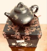 JAPANESE TEAPOT POTTERY DECORATED WITH PRUNUS BLOSSOM IN ORIGINAL BOX, MODERN
