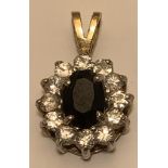 9ct GOLD PENDANT WITH APPROX 0.75ct BLUE SAPPHIRE AND TWELVE 0.3ct WHITE TOURMALINES, WEIGHT