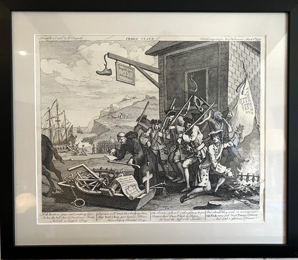 FRAMED HOGARTH PRINT- FRANCE PLATE 1, APPROXIMATELY 31 x 38cm