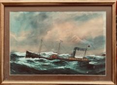 R CHAPEL, WATERCOLOUR- SS CHRISTIANA CAPTAIN D ROBERTS, FRAMED, APPROXIMATELY 35 x 53cm