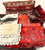 THREE THROWS, THREE TAPESTRY CUSHION COVERS PLUS TWO OTHERS