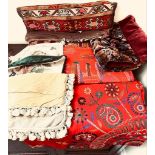 THREE THROWS, THREE TAPESTRY CUSHION COVERS PLUS TWO OTHERS