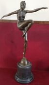 ART DECO BRONZE FIGURE OF A FEMALE DANCER, ON BLACK MARBLE BASE. APPROX. 57CM H REASONABLE USED