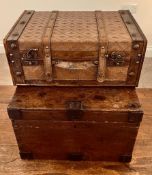 OAK SILVER CHEST APPROXIMATELY 36 x 30 x 25cm, PLUS LEATHER SUITCASE