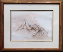 Joy Kirton Smith - Framed watercolour and pencil drawing depicting a recumbent nude female,