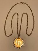 9ct GOLD CHAIN AND MOUNT APPROXIMATELY 5.8g, PLUS GEORGE V HALF GOLD SOVEREIGN 1915 BP,