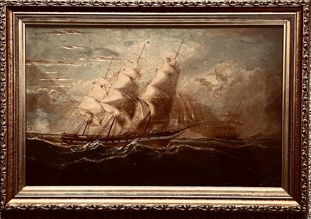 JOSEPH WITHAM, OIL ON CANVAS- FULL SAILS, FRAMED AND GLAZED, SEE REVERSE, APPROXIMATELY 26 x 42cm