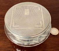 CUT GLASS POWDER BOWL WITH SILVER COVER, DIAMETER APPROXIMATELY 10cm