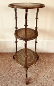 TIFFANY BRASS/BRONZE CIRCULAR THREE TIER PLANT STAND ETAGERE, DATED 1860 AND STAMPED TIFFANY,