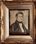 WATERCOLOUR- CAPTAIN J SAUNDERS, WITHIN SWEPT GILDED FRAME, FRAGMENT OF INFORMATION ON REVERSE,