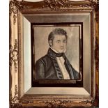 WATERCOLOUR- CAPTAIN J SAUNDERS, WITHIN SWEPT GILDED FRAME, FRAGMENT OF INFORMATION ON REVERSE,