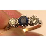 14ct GOLD RING WITH APPROX 0.33ct BLUE SAPPHIRE AND TWO 0.15ct DIAMONDS, WEIGHT APPROXIMATELY 2.