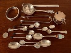 QUANTITY OF SMALL SILVER ITEMS INCLUDING STRAINER, SPOONS, MUSTARD POT AND BANGLE, ETC, TOTAL WEIGHT