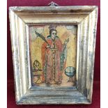 WOODEN GILT FRAMED RELIGIOUS ICON DEPICTING ST CATHERINE. APPROX. 14.5 X 12CM REASONABLE USED