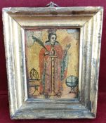 WOODEN GILT FRAMED RELIGIOUS ICON DEPICTING ST CATHERINE. APPROX. 14.5 X 12CM REASONABLE USED