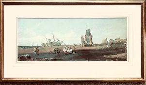 UNSIGNED WATERCOLOUR- THE SANDS AT EASTBOURNE, FRAMED AND GLAZED, APPROXIMATELY 21 x 54cm