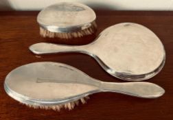 THREE PIECE SILVER DRESSING TABLE SET, CHESTER AND BIRMINGHAM ASSAY MARKS, VARIOUS DATES