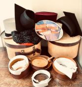 TWO MORTARBOARDS AND GREY TOP HAT, OVAL EASTERN HAT, STIFF COLLARS PLUS HAT BOXES