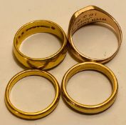 22ct WEDDING BAND APPROX 8.5g SIZE N+, 9ct WEDDING BAND APPROX 4g SIZE K+, UNMARKED YELLOW METAL