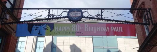 “Happy 80th Birthday Paul” double sided cross street banner (7.5m x 0.9m) This was placed across