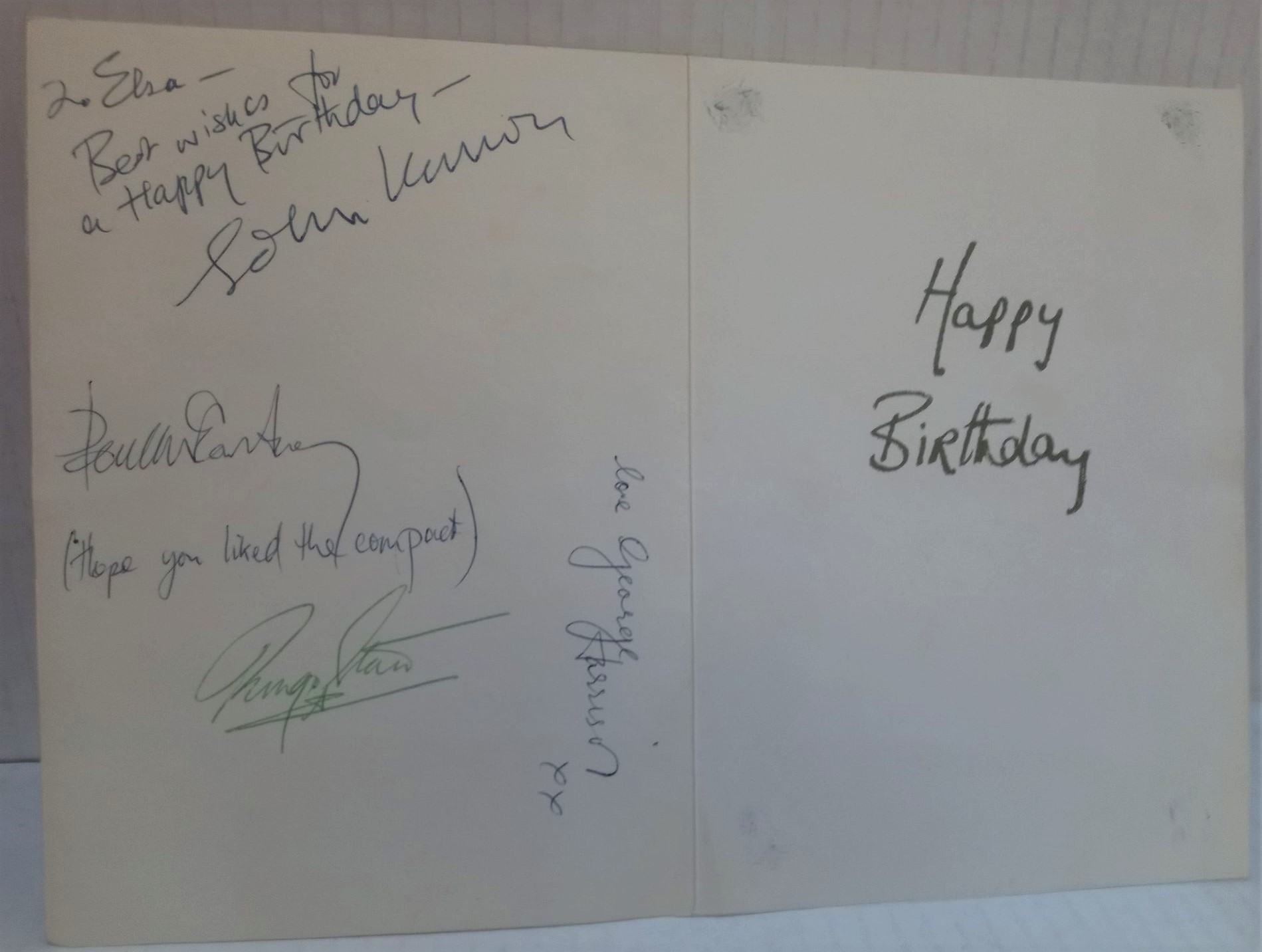 Happy Birthday card to Elsa. The writing and signatures in the card are in the hand of Beatles