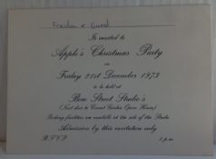 Freda Kelly Invitation the Apple Records 21st December 1973 Christmas Party at Bow Street Studio’s