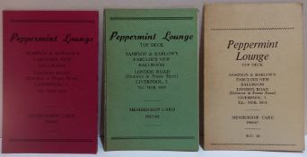 Three Peppermint Lounge Liverpool Membership Cards for 1964/65, 1965/66 and 1966/67 (3)