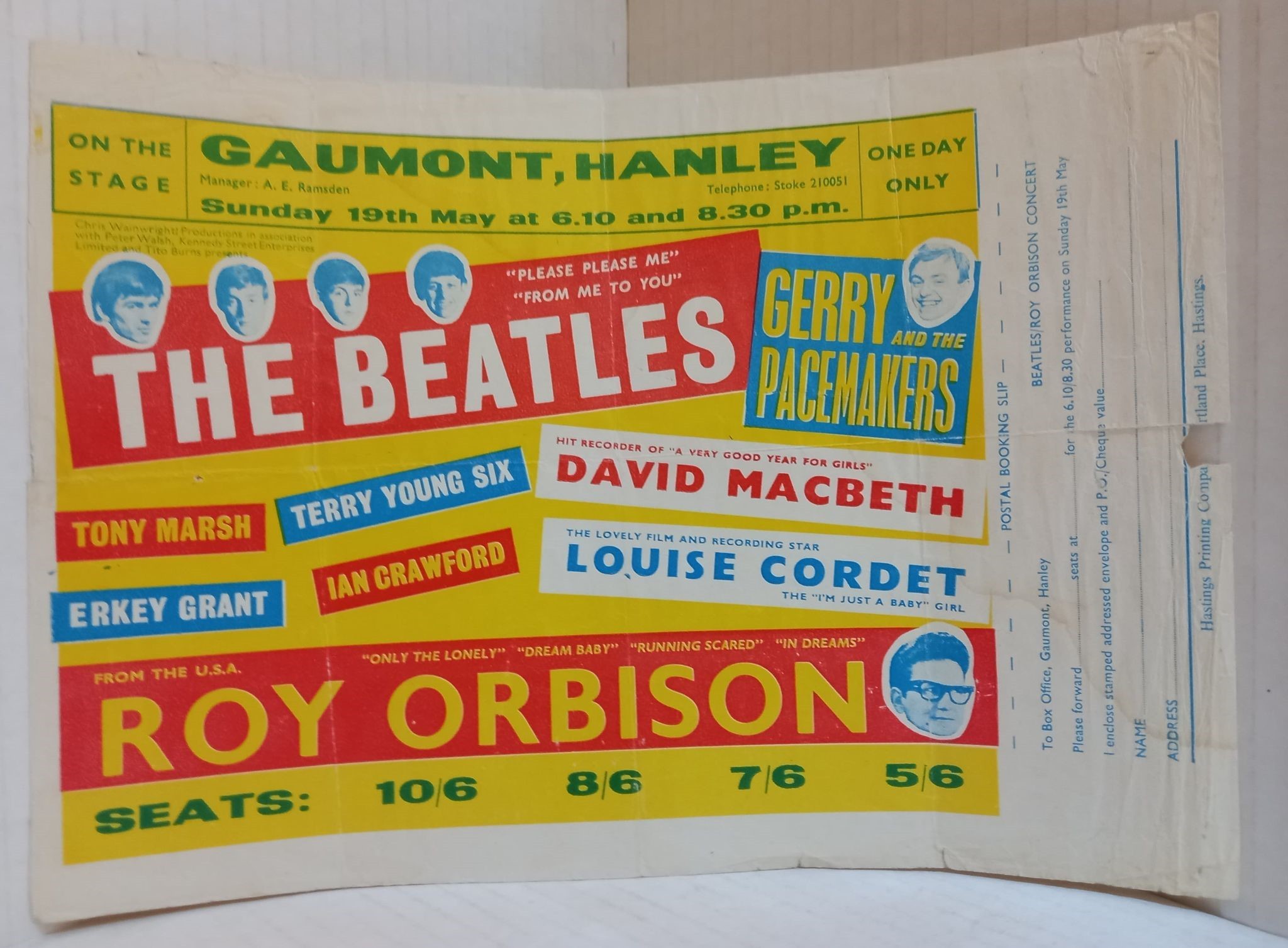 The Beatles and Roy Orbison Gaumont Hanley Handbill complete with booking slip dated 19th May 1963