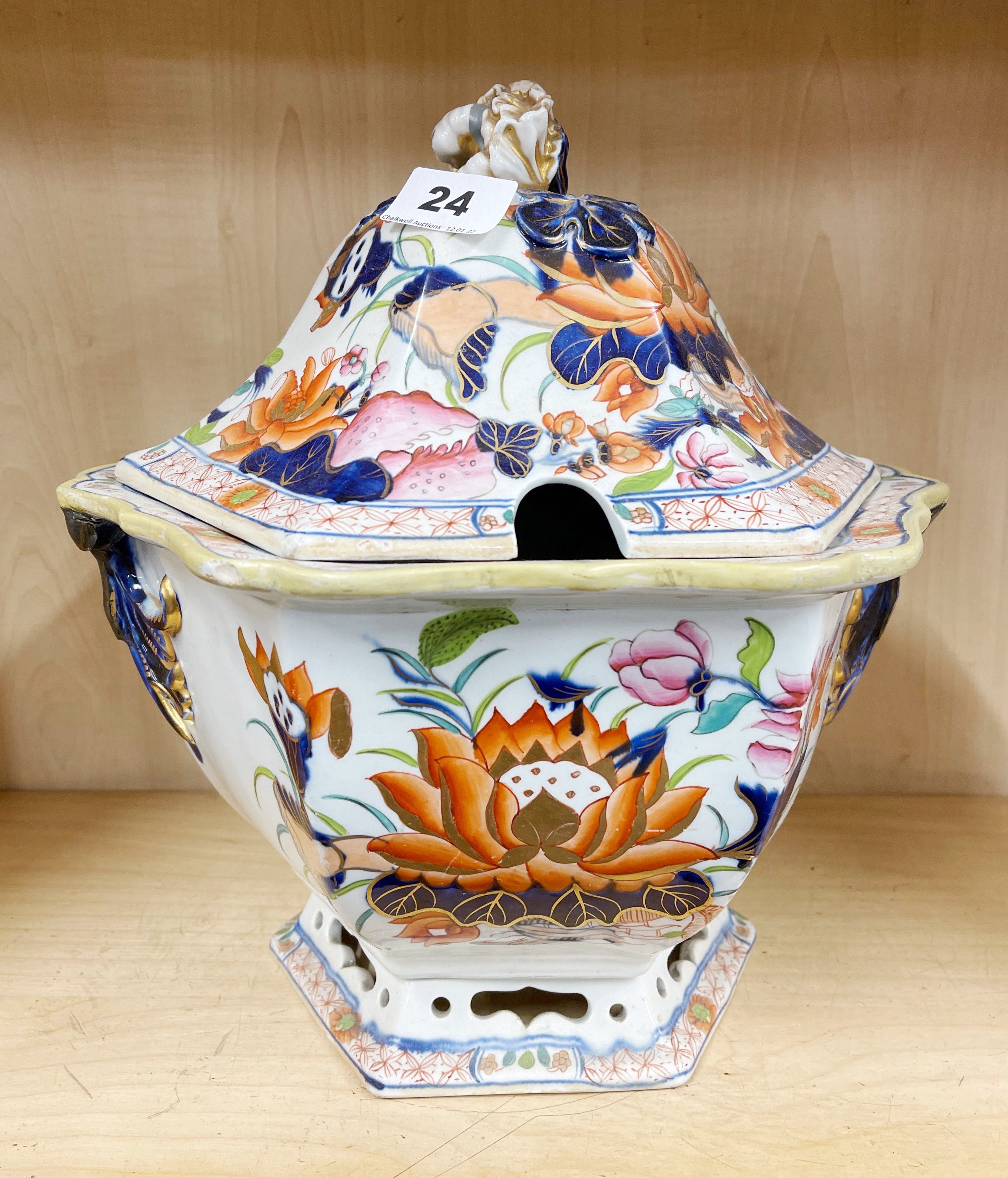 A 19th century Mason's ironstone soup tureen and cover, H. 31cm. Some minor damage.