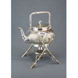 A Chinese hallmarked silver spirit kettle and stand by Luen Wo, H. 27cm.
