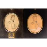 Two Georgian framed miniature engraved portraits, one with applied Royal Crest, frame size 25.5 x
