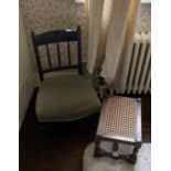 A Victorian carved oak low nursing chair and a cane topped stool.