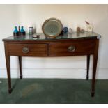 A Georgian mahogany bow front two drawer side table, 112 x 73cm.