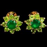 A pair of 925 silver rose gold gilt cluster earrings set with peridot and green aventurine, Dia. 0.