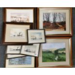 A quantity of framed watercolours, largest 47 x 42cm.
