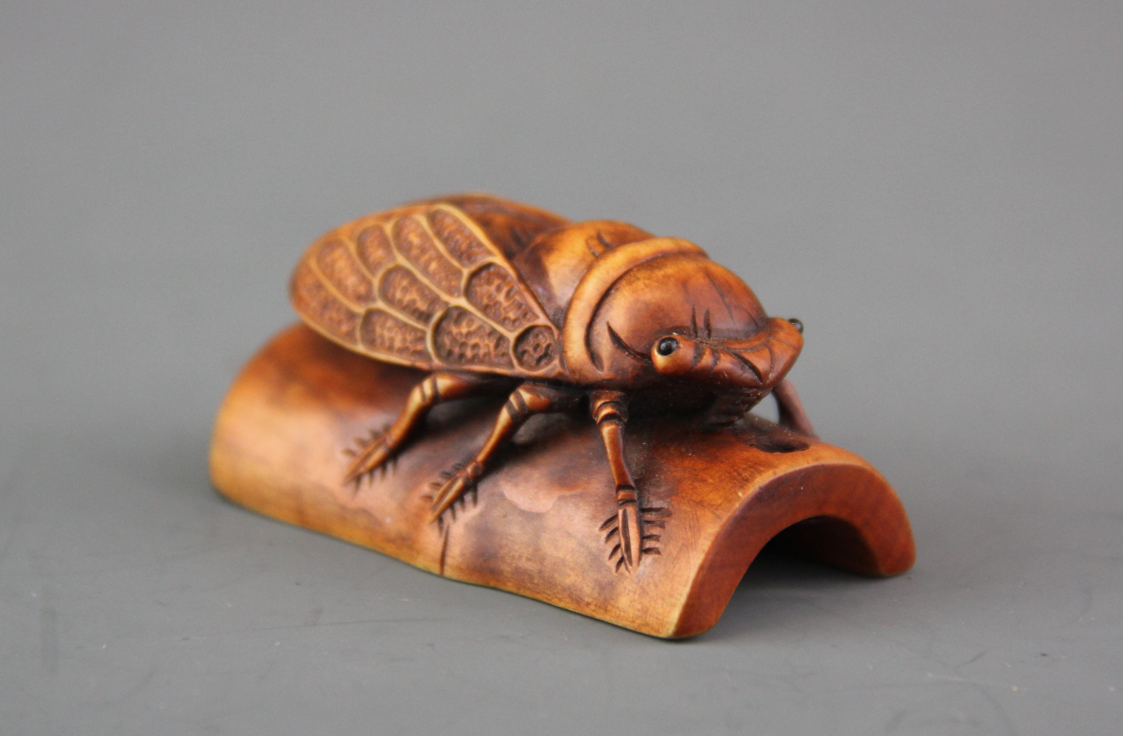 A signed carved fruitwood Netsuke of a cicada on a stem of bamboo with polished black onyx eyes, - Image 2 of 3